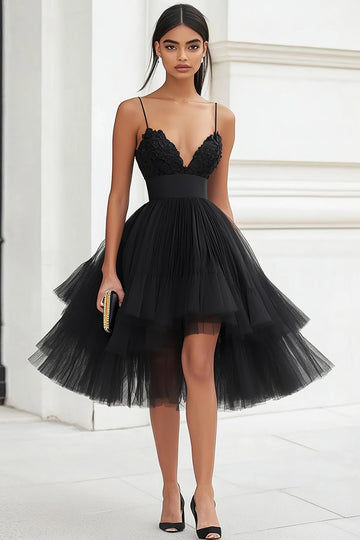 Black Tulle A Line Spaghetti Straps Short Cocktail Dress